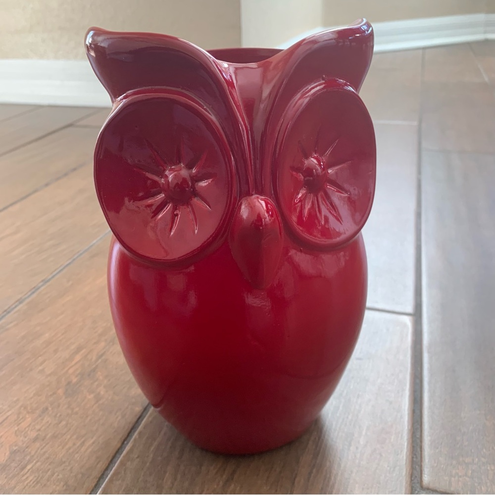 Large Red Ceramic Owl Vase Figurine by Lerman Decor